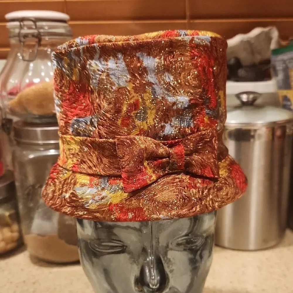 Vintage Pillbox Colorful Patterned Hat with Bow Union Made